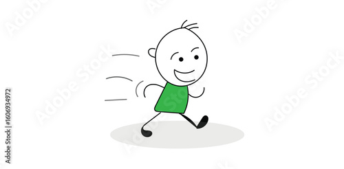 Cartoon stickman running joyfully forward symbolizing energy movement health lifestyle activity excitement progress and positive attitude
