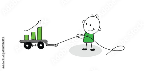 Cartoon stickman pulling heavy cart symbolizing hard work manual labor effort struggle determination persistence and business logistics
