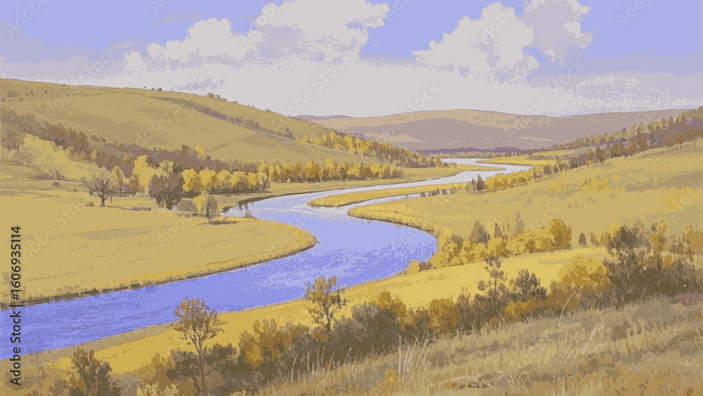 Naklejka premium Verdant Flow Quiet river valley scenery isolated watercolor vector illustration svg