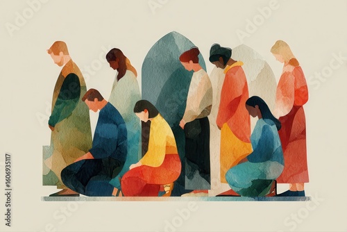 A diverse group of people sitting on the ground in a small chapel, engaged in prayer and meditation.
