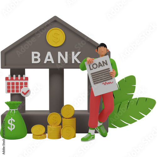 A 3D illustration of a man holding a loan agreement in front of a bank building, symbolizing financial services and credit approval.