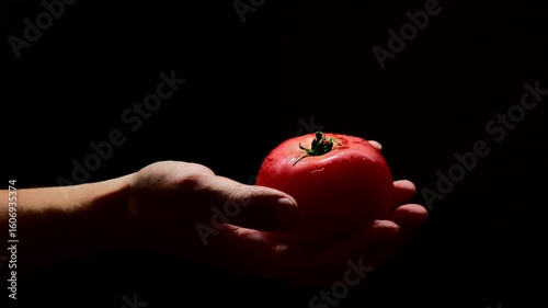 Fresh and ripe tomato in hand close-up on black isolated background.
Male hand holds fresh red vegetable.
Tomatoes, vegetarian, healthy, nutrition