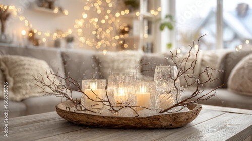 Winter decorative arrangement on a wooden platter.