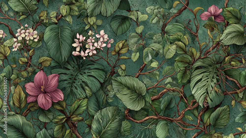 Fototapeta premium Lush Tropical Floral Illustration Exotic Plants and Flowers