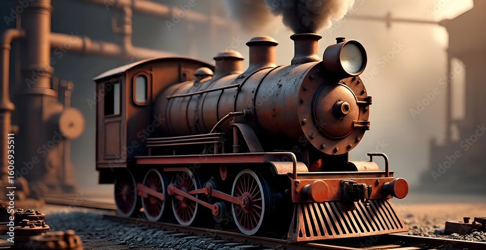 Naklejka premium 3D Rendering Rusty train industrial steam-punk background