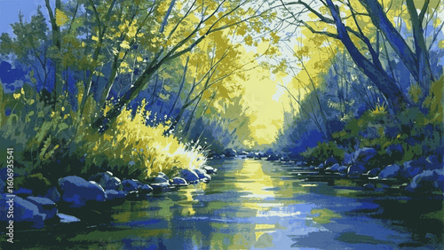 River-Dream Quiet river valley scenery isolated watercolor vector illustration svg