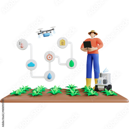 3D illustration of a smart farming concept, showing a farmer using a laptop to manage a drone and robot in a crop field