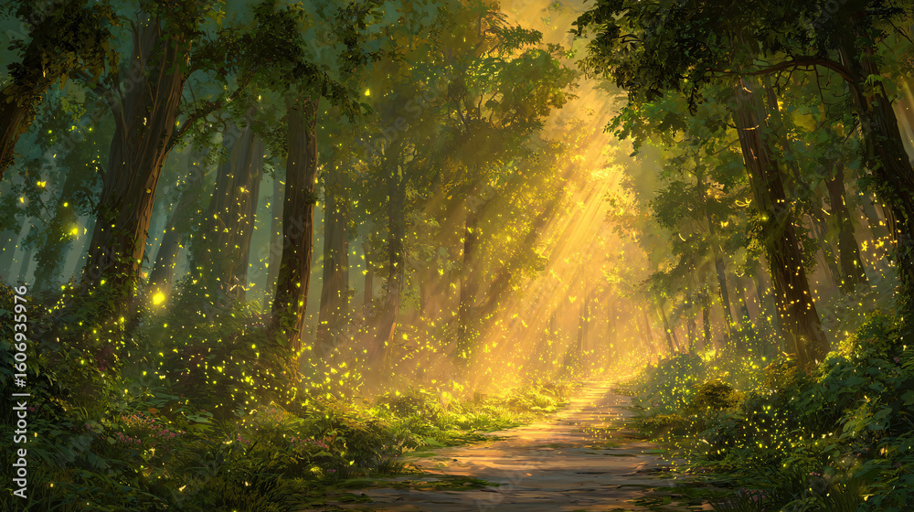 Obraz premium Enchanted Forest Path Magical Sunlight & Fireflies