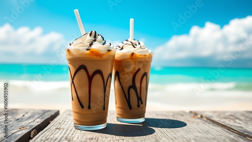 Iced coffee drinks with whipped cream and chocolate drizzle on a beach frappuccino
