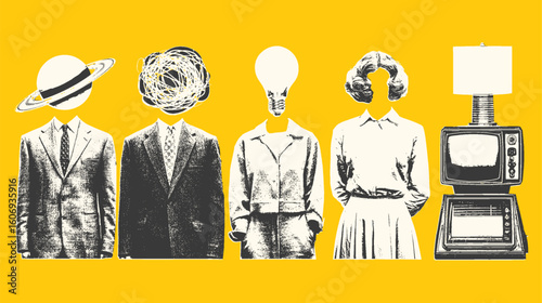 Surreal vintage set of businessman, television, lamp, planet, and brain elements. Abstract vector illustration with retro style and yellow background.