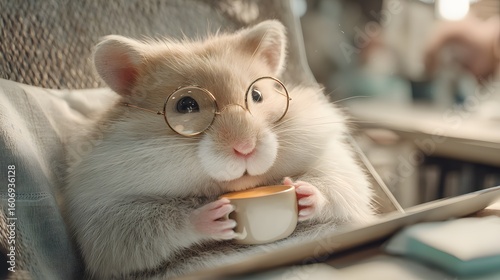 A plump cream hamster wearing small round glasses reclines in a modern mesh chair, holding a teacup in both paws, staring intently at a bright tablet screen, soft studio ambient lighting