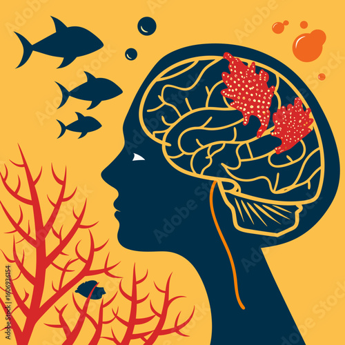 Conceptual vector illustration of brain and microplastics contamination in human health