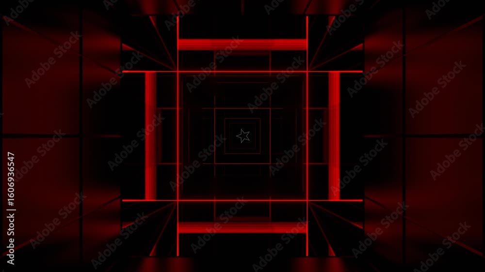 A dark, futuristic tunnel composed of glowing red neon lines forming concentric squares, creating a sense of infinite depth.