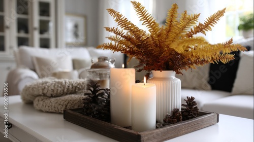 Autumnal decor on a coffee table with candles and ferns.