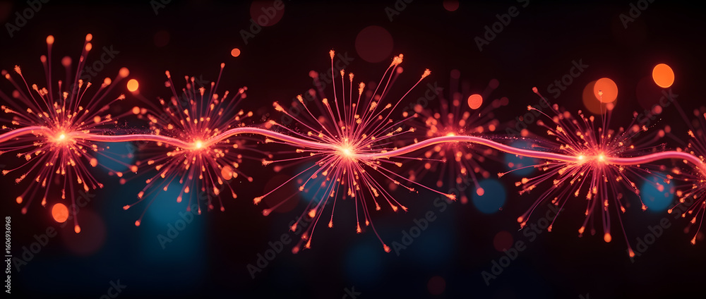 Fototapeta premium ligne ondulée festive effet guirlande de noël (rose, doré) ou feu d'artifice isolé sur fond bleu| format carte de voeux