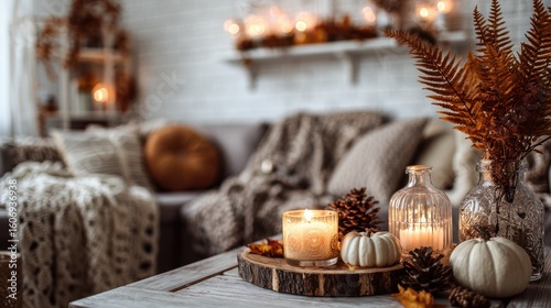 Cozy autumnal living room decor with candles and pumpkins.