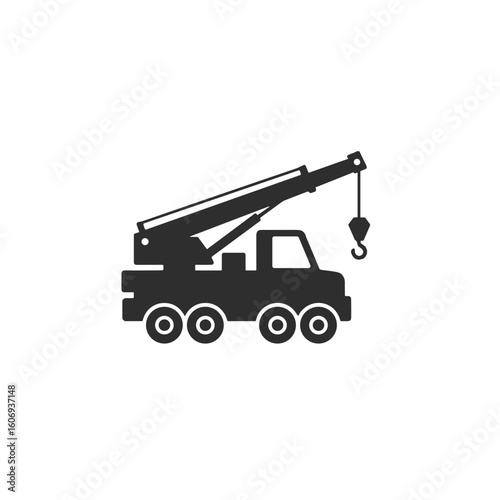 Crane truck silhouette with extended arm and hook  