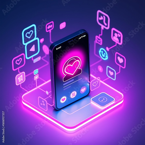 Wallpaper Mural Neon social media interface with glowing hearts and icons technology digital Torontodigital.ca