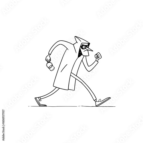 A cartoon depiction of a thief in a cloak and mask running with a bucket in hand in a black and white style