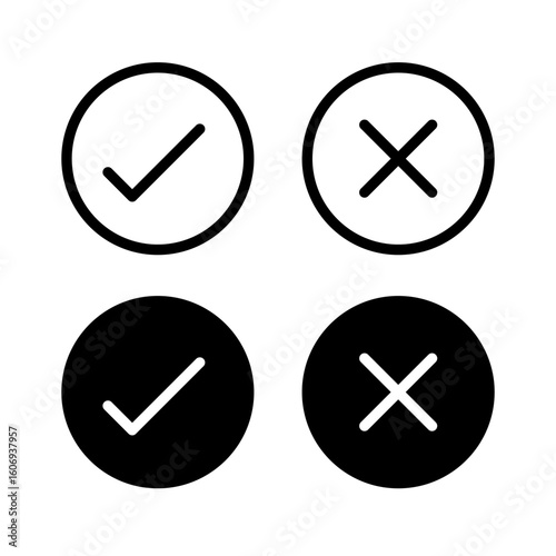 Accept and deny icon. Check mark and cross mark. Confirm and cancel in circle