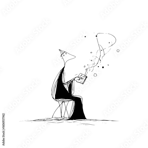 A whimsical sketch of a figure with a party hat sitting on a chair and holding a smoking object emitting bubbles