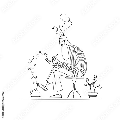 Illustration of a seated man with a long beard writing in a book with a teapot and plant nearby