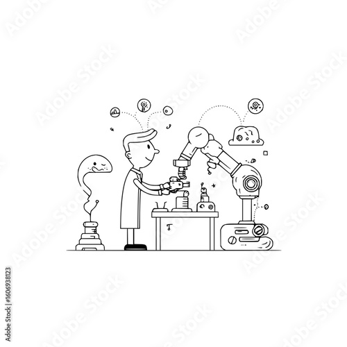 Scientist working with a robot arm and microscope in a lab with floating thought bubbles and a creature on stand