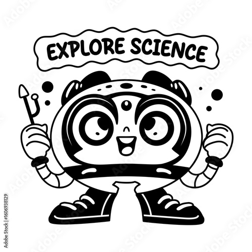Cute robot character with explore science text, glyph sticker  
