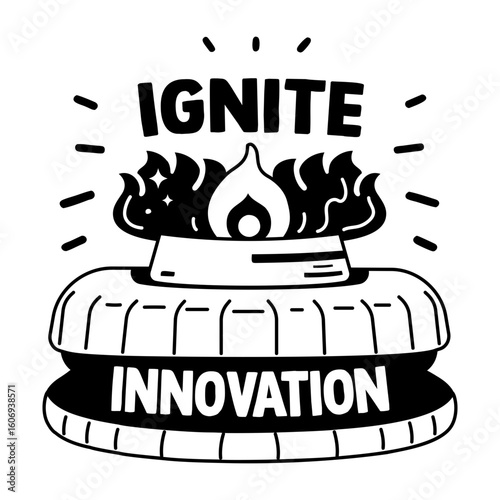 Bunsen burner with infinite innovation text, glyph sticker 
