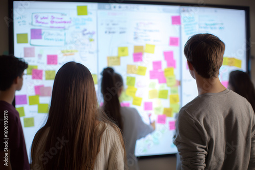 Students engaged in collaborative brainstorming on a digital whiteboard during a classroom session in a modern learning environment