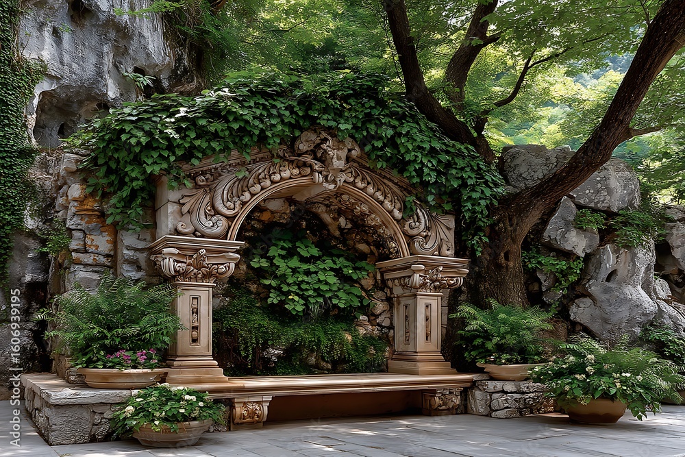 Naklejka premium Ancient stone arch covered with greenery high resolution picture
