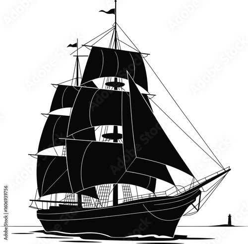 Silhouette of vintage sailing ship with large sails, nautical illustration, maritime transport, ocean travel, tall ship, historic sea vessel