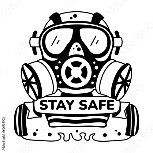 Gas mask with stay safe text, glyph sticker 
