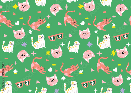 Colorful Cats Pattern on Green Background with Sparkles - Elegant and Playful Seamless Design