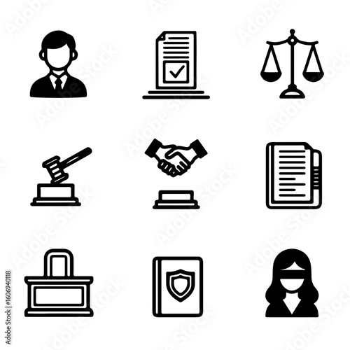 Legal Icon Set. Outline icon set of public defender office: attorney silhouette, courthouse column, legal scales, case file