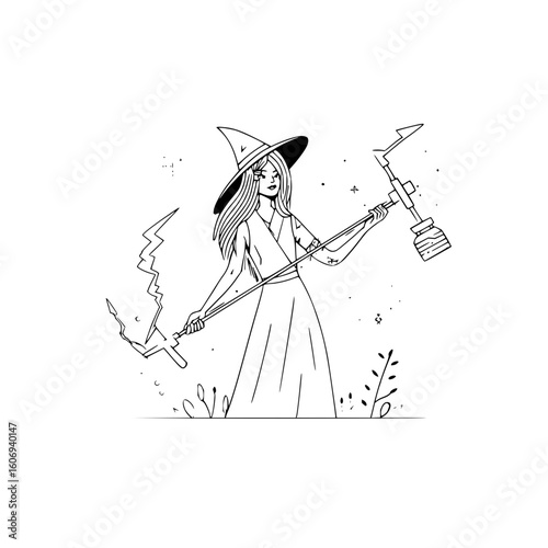 Tech witch wielding digital tools and casting spells with technology in a modern fantasy world