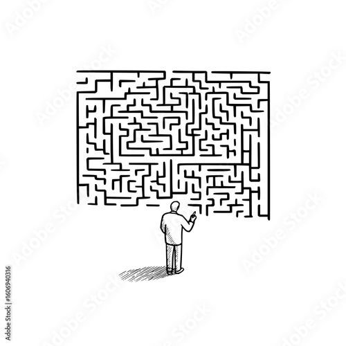 Technology problem solving concept with complex maze and person finding solution path forward idea