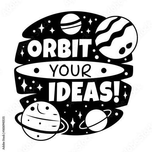 Space planets with orbit your ideas text, glyph sticker 
