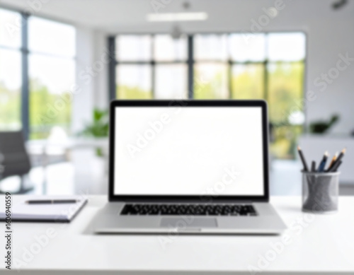 blurred Front view laptop on white table. Nearby is document paper, pencil holder. In modern office workplace.
