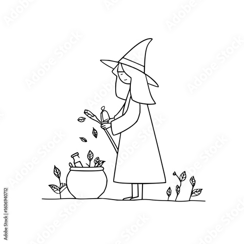 Tech wizard creating digital potion with code and algorithms for software development and innovation