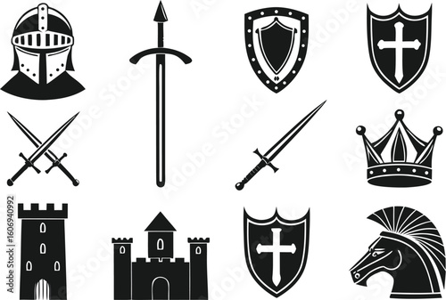 Medieval Silhouette Icon Set – Knight Armor, Weapons, Castle, and Symbols