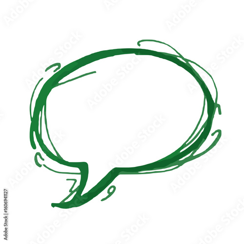 Green chat bubble outline with swirling design elements  