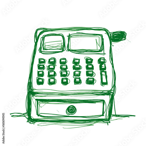 Sketch of a cash register with buttons in green outline style  