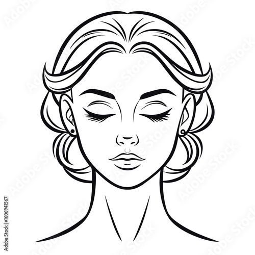 Black and white line art illustration of a woman's face with closed eyes and styled hair vector