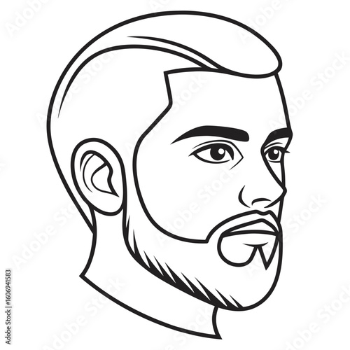 Black and white line art profile of a man with beard and styled hair male face