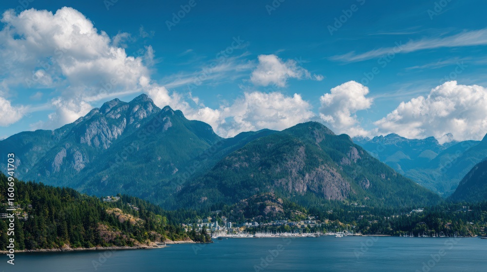 Obraz premium Majestic mountains rise over the water, embraced by a vibrant and scenic landscape