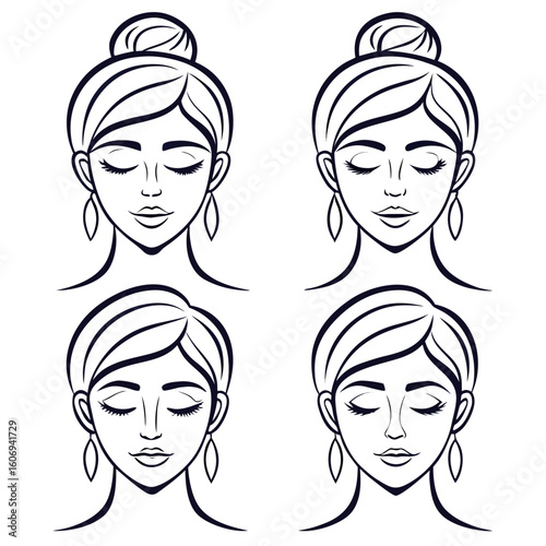 Four line art portraits of women with closed eyes and hair buns woman female