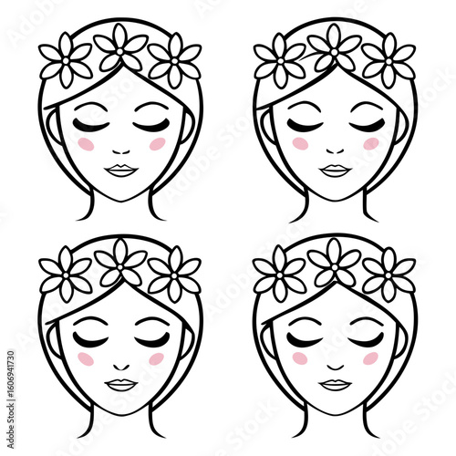 Four identical line drawings of women faces with flower crowns and pink cheeks woman illustration