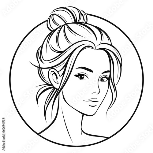 Minimalist black and white line art drawing of a woman's face with hair bun in a circle portrait