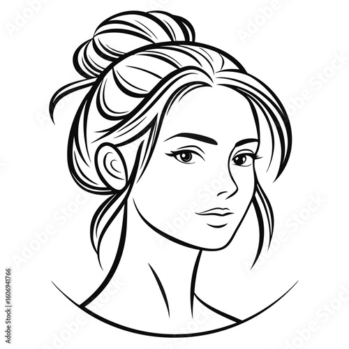 Minimalist black and white line art drawing of a woman's face with hair bun vector